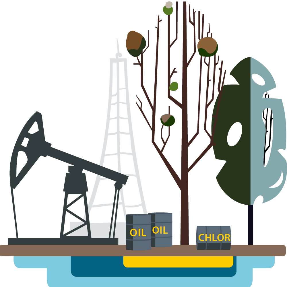 Grafik: Man erkennt Industrie und Kanister mit Öl und Chlor die in der Natur stehen, daneben sieht man kaputte Bäume.